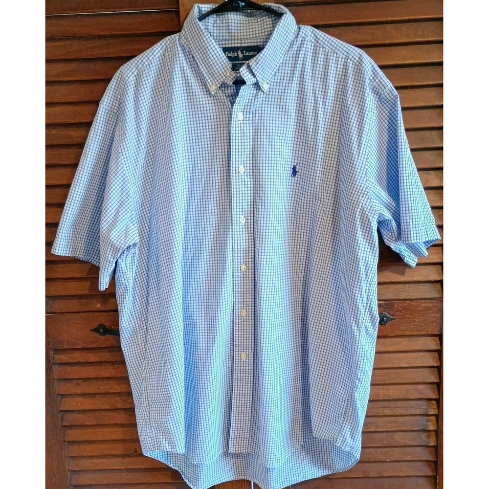 Ralph Lauren Blake Mens L Blue White Plaid Button Down Shirt Short Sleeve Cotton
